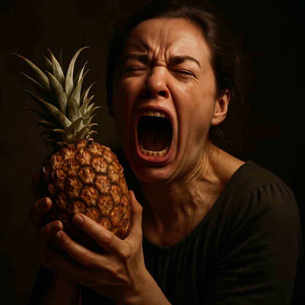 Comedian demonstrating emotional choices in improv or standup performance with pineapple prop
